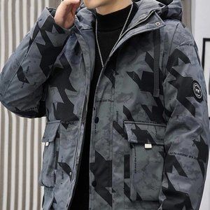 Casual Houndstooth Men Print Hooded Winter Coat